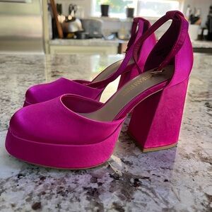 Hot pink satin platform heels